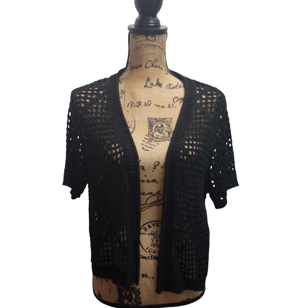Multiples Petite Black Cropped Open Knit Short‎ Sleeve Cardigan Sweater PL